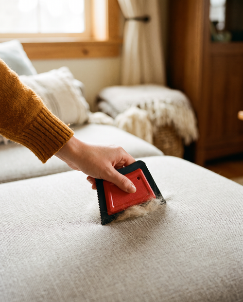 A hand running the PawNest pet hair remover across a grey fabric sofa cushion
