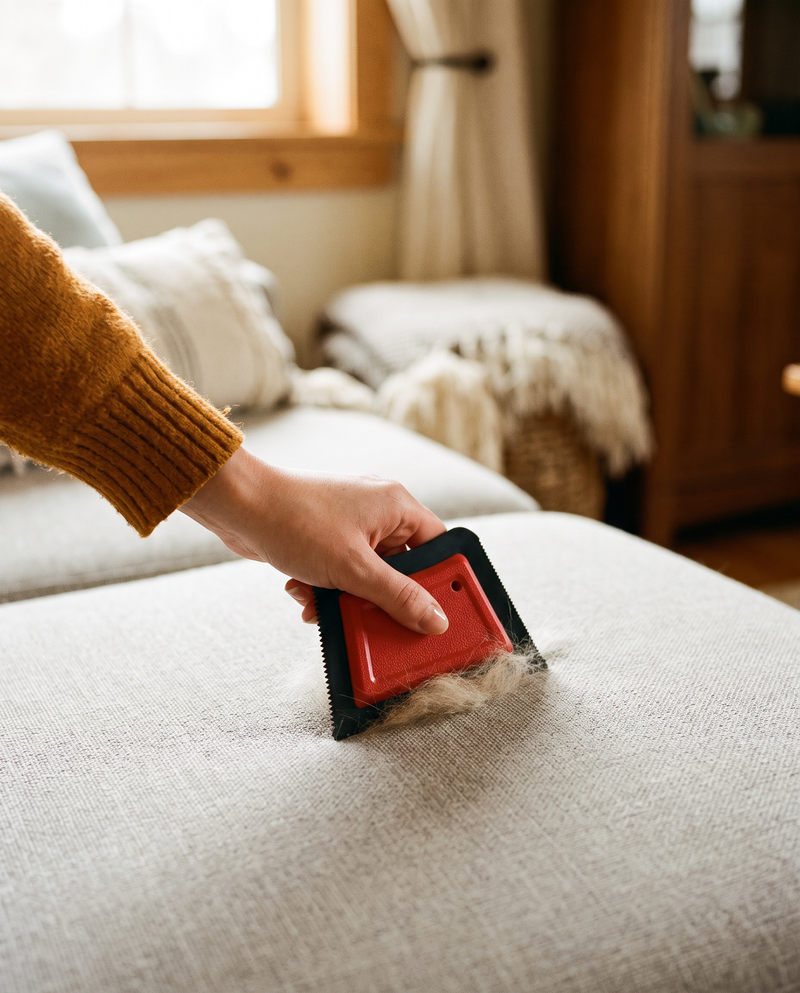 A hand running the pet hair remover across a grey sofa cushion