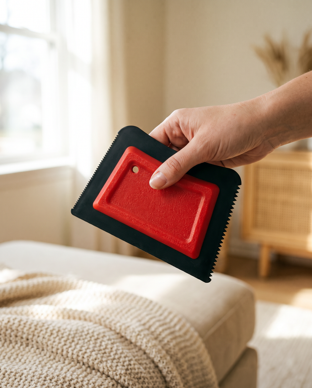 The PawNest pet hair remover held in one hand, showing how small it is