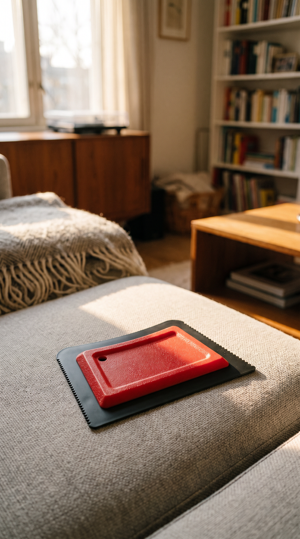 The PawNest pet hair remover resting on a grey sofa cushion in a living room