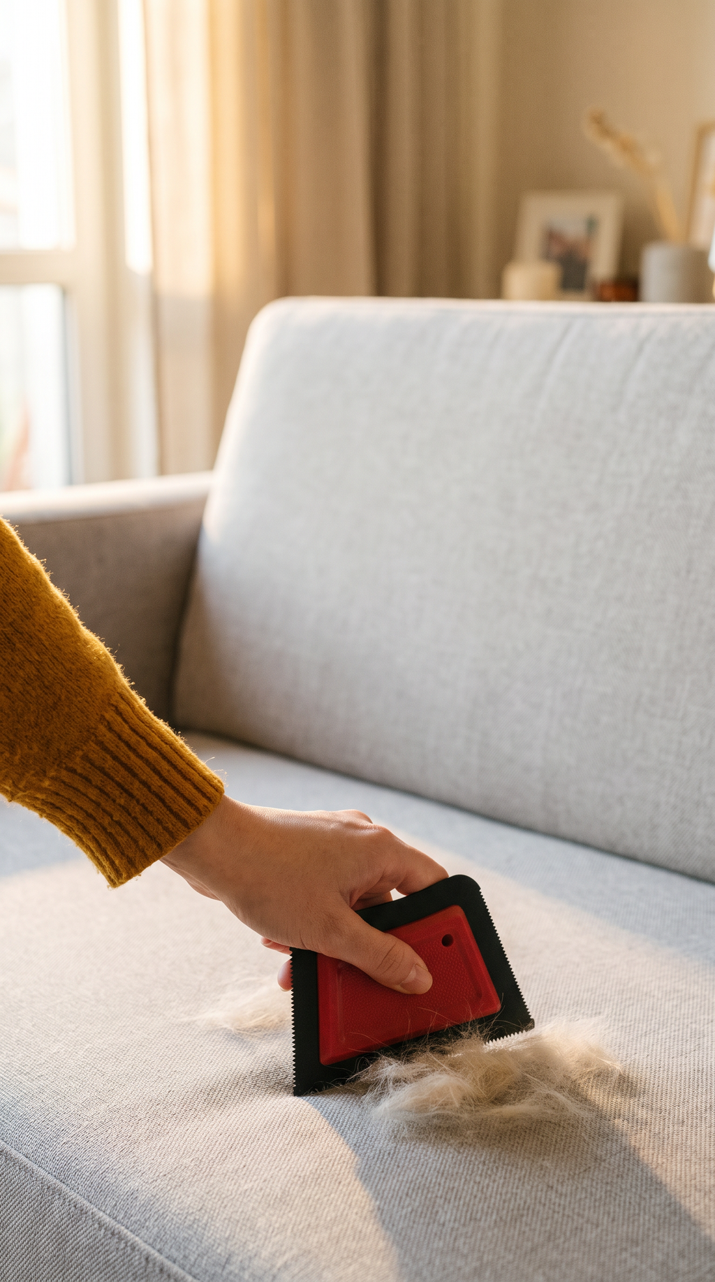 A hand using the PawNest pet hair remover on a grey sofa, vertical view